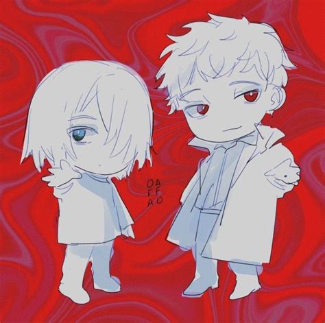 two anime characters standing next to each other in front of a red and black background