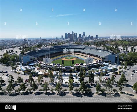 A general overall aerial view of Dodger Stadium and downtown skyline ...