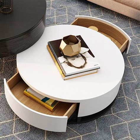Modern Round Coffee Table with Storage White Stone Nesting Coffee Table with Rotatable Drawers ...