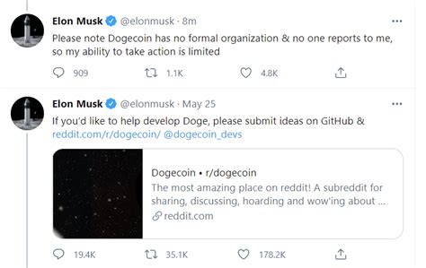 Musk was a replying to a tweet which said @elonmusk appears to be treating Dogecoin like one of ...