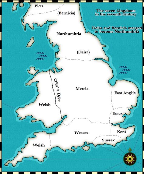 The seven Anglo-Saxon kingdoms were Northumbria, Mercia, East Anglia, Essex, Kent, Wessex and ...