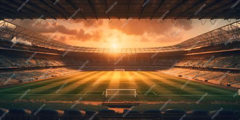 Premium Photo | An empty soccer stadium at sunset