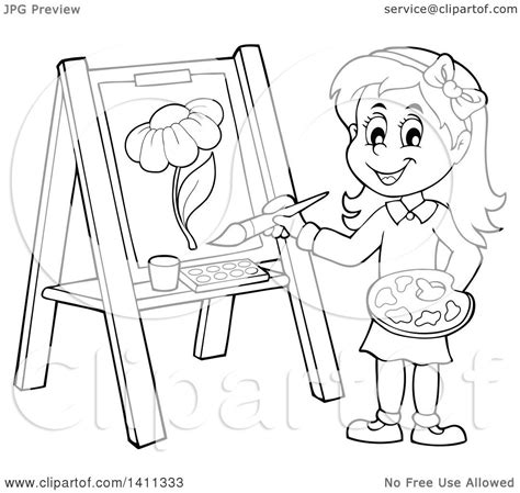 Clipart of a Cartoon Black and White Lineart Girl Painting a Flower on ...