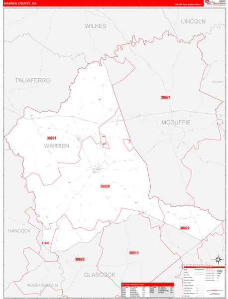 Warren County, GA Zip Code Wall Map Red Line Style by MarketMAPS - MapSales