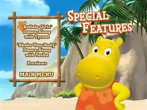 a cartoon hippo is standing in front of a sign that says special features on it