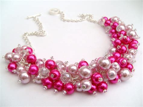 Hot Pink Pearl Beaded Necklace Hot Pink Bridesmaid Jewelry