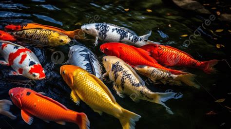 Group Of Colorful Koi Fish In A Pond Background, A Group Of Colorfully Swimming Carp, Hd ...