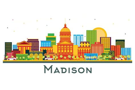 Madison Wisconsin City Skyline with Color Buildings Isolated