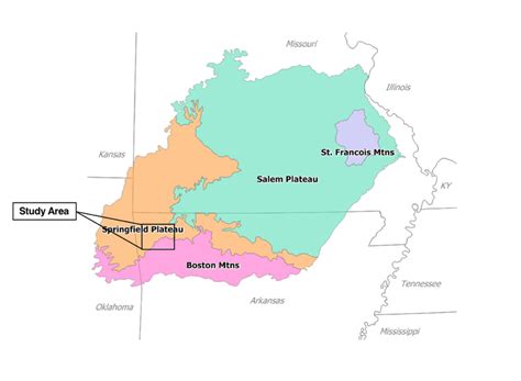 Overview of the physiographic regions of the Ozark Plateau. Modified ...