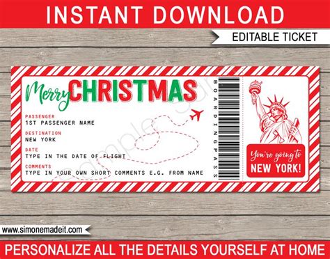 Christmas New York Trip Gift Boarding Pass | Gift certificate template ...