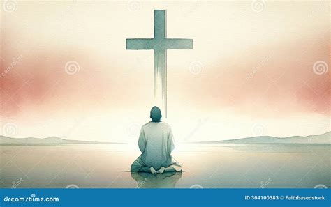 Man Kneeling and Praying in Front of the Cross. Digital Watercolor Painting Stock Illustration ...