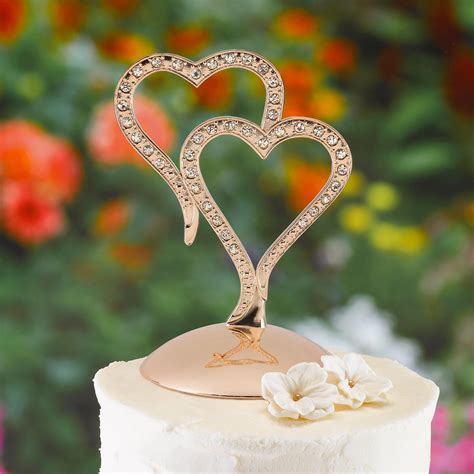 Wedding Cake Topper Rose Gold Double Hearts With Crystal
