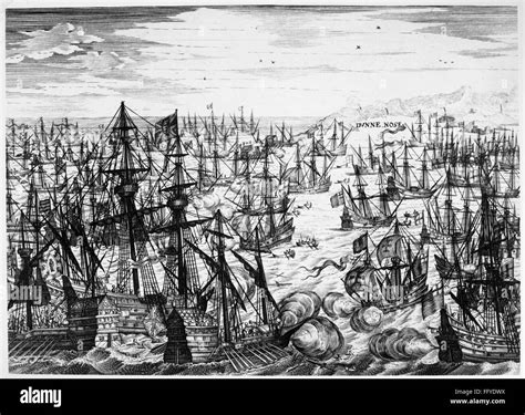 SPANISH ARMADA, 1588. /nThe Spanish Armada suffering heavy losses ...