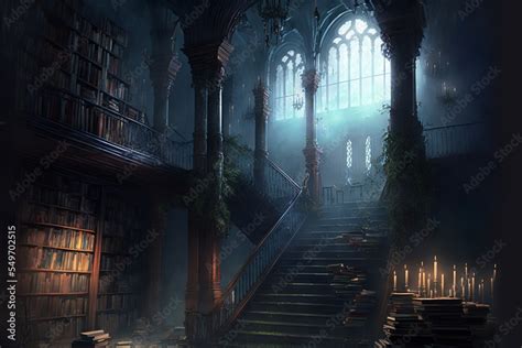 dark fantasy library interior in gloomy gothic cathedral design interior Stock Illustration ...