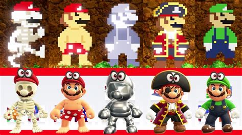 Super Mario Odyssey - All Costumes & Hats (8-Bit Version Comparison ...