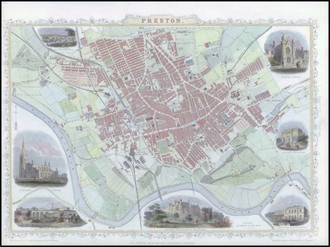 1850 Antique Map City Plan PRESTON Lancashire by John Tallis (TM4-3) by ...