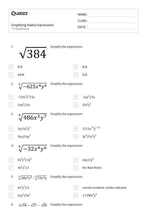 50+ Radical Expressions worksheets for 9th Class on Quizizz | Free ...