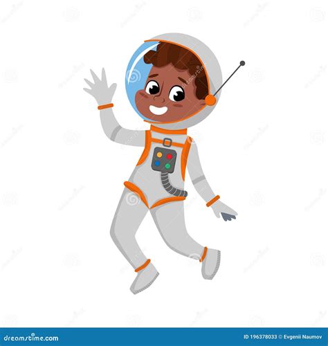 Child Astronaut Character In Outer Space Suit Waving His Hand, Boy ...