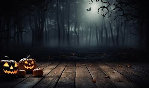 Premium AI Image | A mesmerizing Halloween scene Spooky forest ambiance with jacko'lanterns bats ...