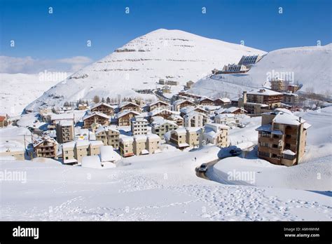 Snow covered ski resort Mzaar Faraya Lebanon Stock Photo - Alamy