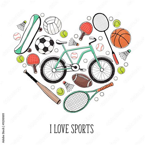 Collection of vector sport equipment. I love sports illustration. Hand ...