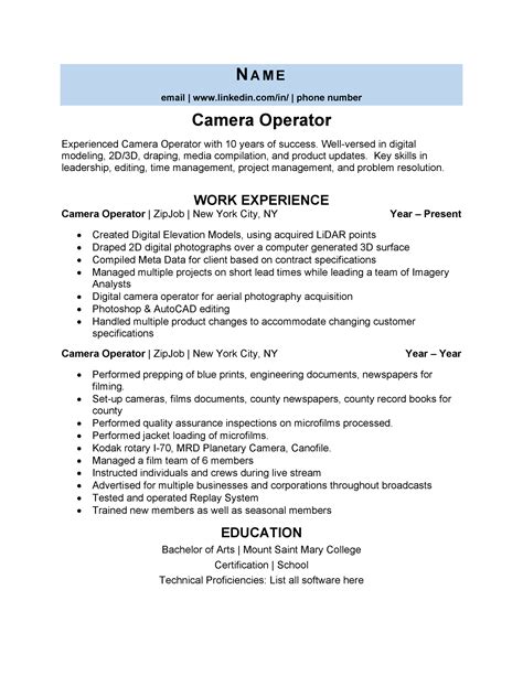 Camera Operator Resume Example & 3 Expert Tips | ZipJob