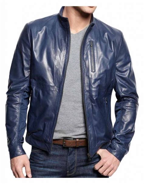 Casual Mens Navy Blue Leather Jacket - UJackets