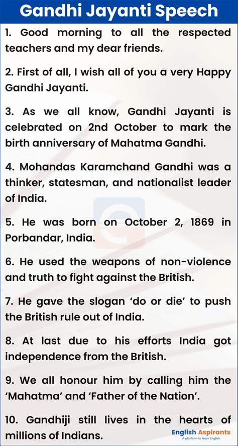 Gandhi Jayanti Speech in English 10 Lines – 2nd October | Gandhi ...