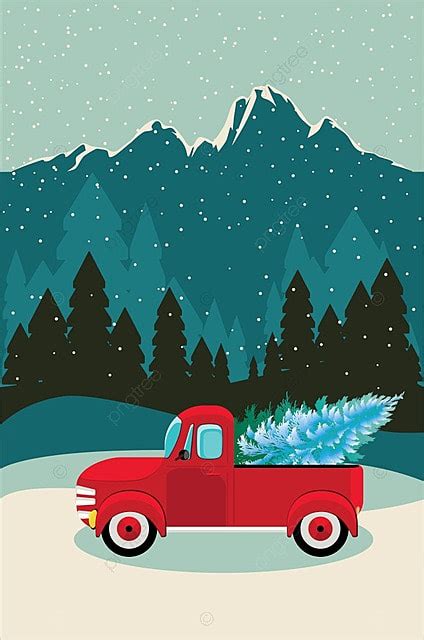 Abstract Forest And Red Pickup With Evergreen Tree Background, Snow ...