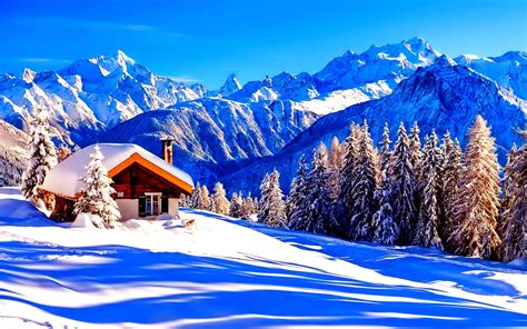 4k, alpen, winter, berge, hütte, schneewehe, europa Winter Szenen, Winter Lodge, Winter Mountain ...