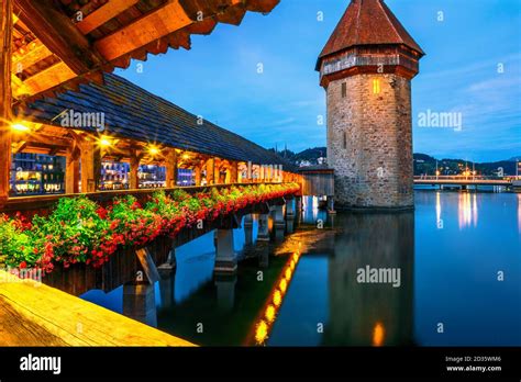 Amazing nightlife of Lucerne illuminated at night on Lake Lucerne ...