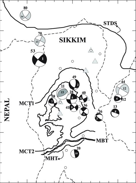 Map of the Sikkim Himalaya with plot of focal mechanisms for Sikkim ...