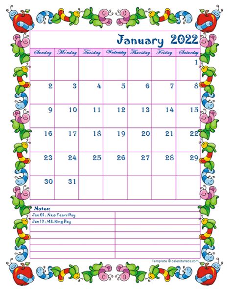 2022 Monthly Kid KIndergarten Calendar Template - Free Printable Templates