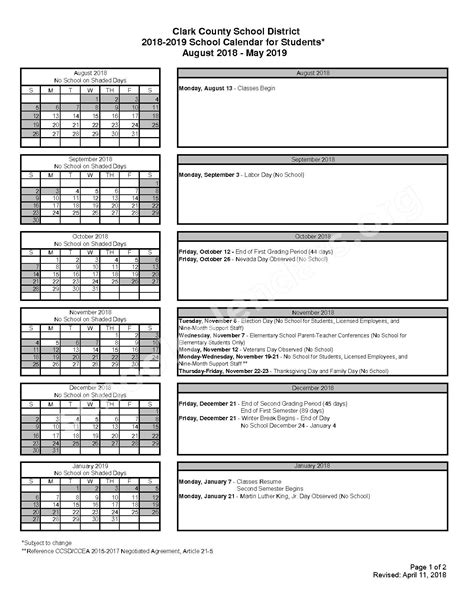 2018 - 2019 School Calendar for Students | Clark County School District ...