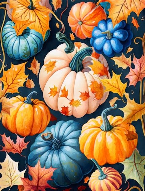 Premium AI Image | A colorful fall painting with pumpkins in the style of repeating pattern ...