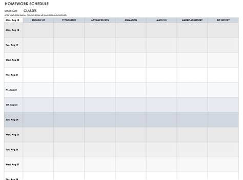 Time management schedule template for a project