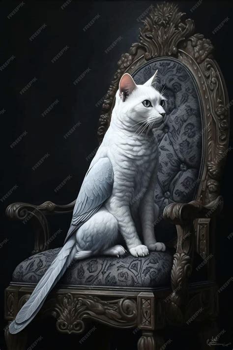 Premium Photo | A painting of a cat sitting on a chair with a blue background.