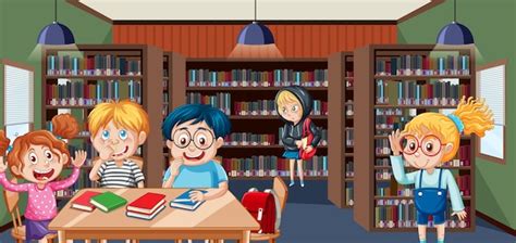 Premium Vector | Children in school library scene