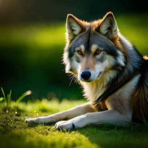 Premium AI Image | A wolf laying in the grass with the sun shining on it.