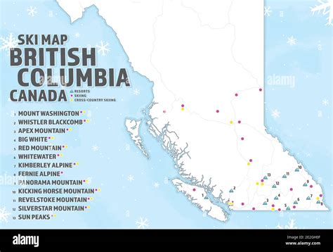 Ski map of British Columbia, Canada. BC Map with icons for resorts, skiing and cross-country ...