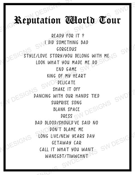 Reputation World Tour Setlist / INSTANT DOWNLOAD / Digital | Etsy