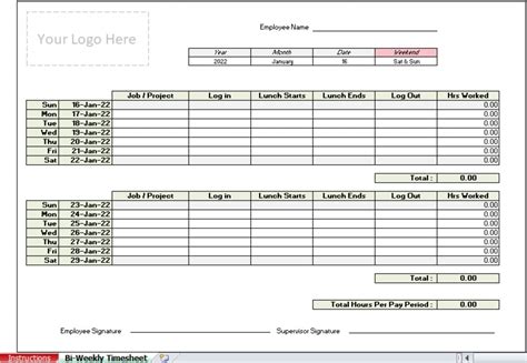 Bi-weekly Employee Timesheet Template excel With Training - Etsy Australia