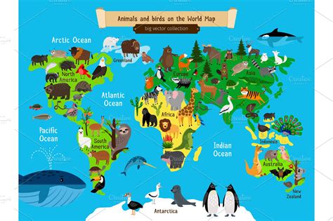 World Map Animals. Europe and Asia, South and North America, Australia ...