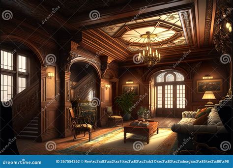 Elegant Art Deco Style Victorian Interior in Modern Mansion with Ornamental Ceiling and ...