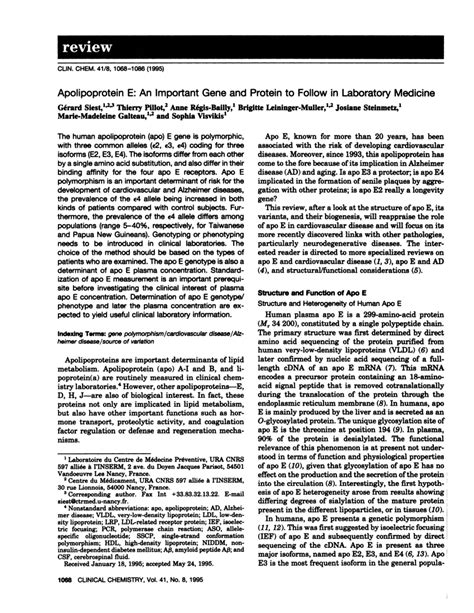 (PDF) Apolipoprotein E: An important gene and protein to follow in laboratory medicine