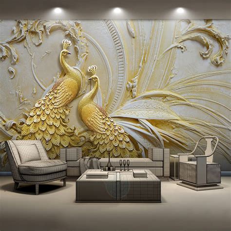 Custom Mural Wallpaper For Walls 3D Stereoscopic Embossed Golden Peacock Background Wall ...