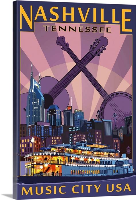 Nashville, Tennessee - Skyline at Night: Retro Travel Poster Wall Art ...