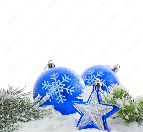 Christmas blue baubles and snowflakes on white background Stock Photo | Adobe Stock