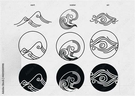 Earth element symbol in black and white line illustration style. There ...