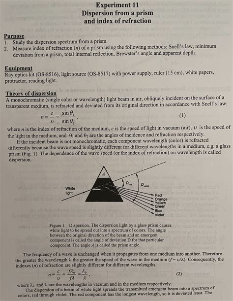 Solved Experiment 11 Dispersion from a prism and index of | Chegg.com